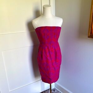 J Crew Ella Paisley Strapless Red/Pink Silk Blend Cocktail Dress‎ Sz 00